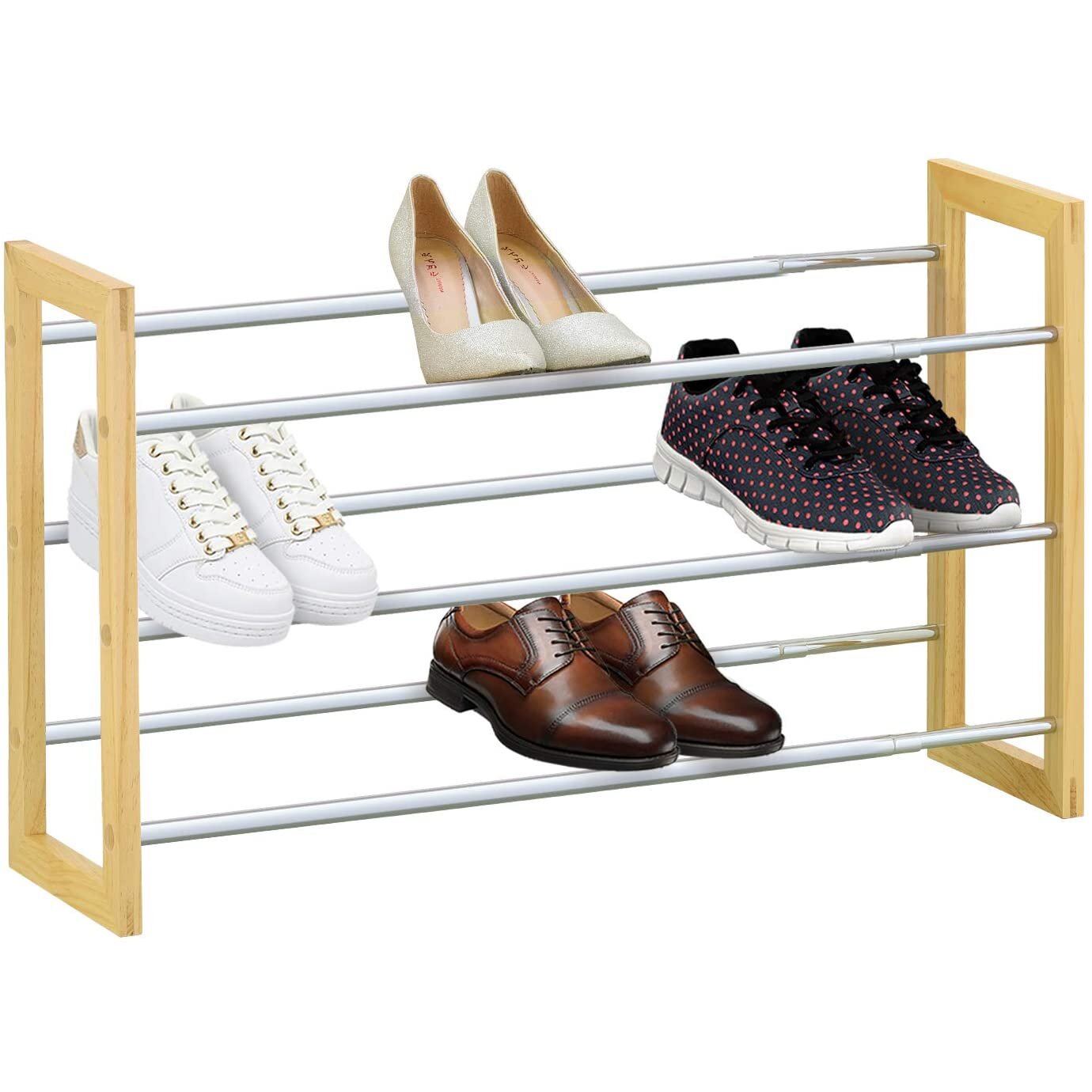 KNIGHT 3 Tier Shoe Rack Extendable Chrome Plated Metal with Pinewood Frame Holds up to 18 Pairs of Shoes, Easy Assemble ,Hex Key Required (Provided)